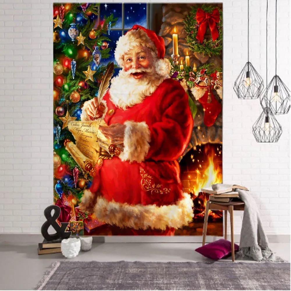 Cartoon Santa Claus Pattern Tapestry Home Bedroom Living Room Wall Decoration Christmas Theme Tapestry