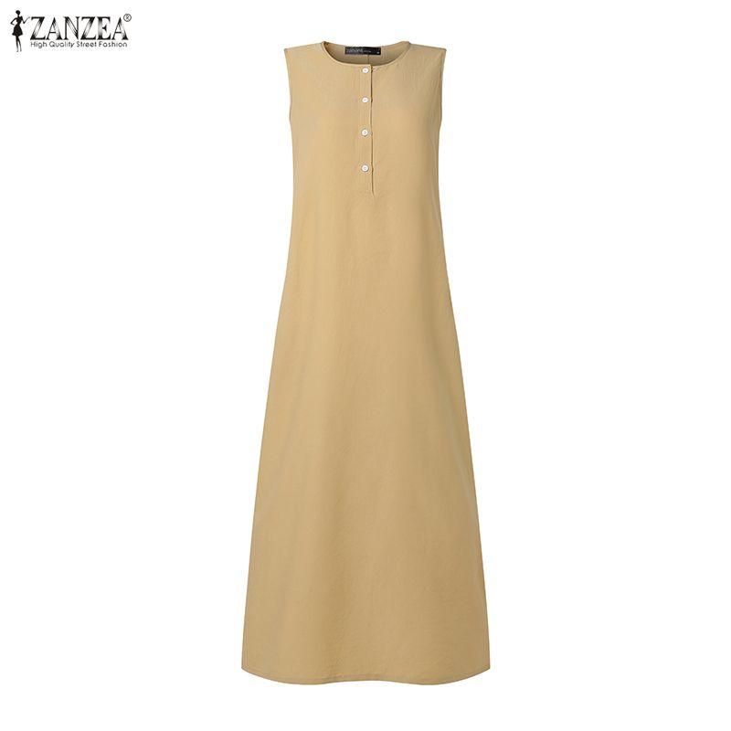 ZANZEA Lässiges, ärmelloses Kleid mit Rundhalsausschnitt und einfarbigem Muster für Damen