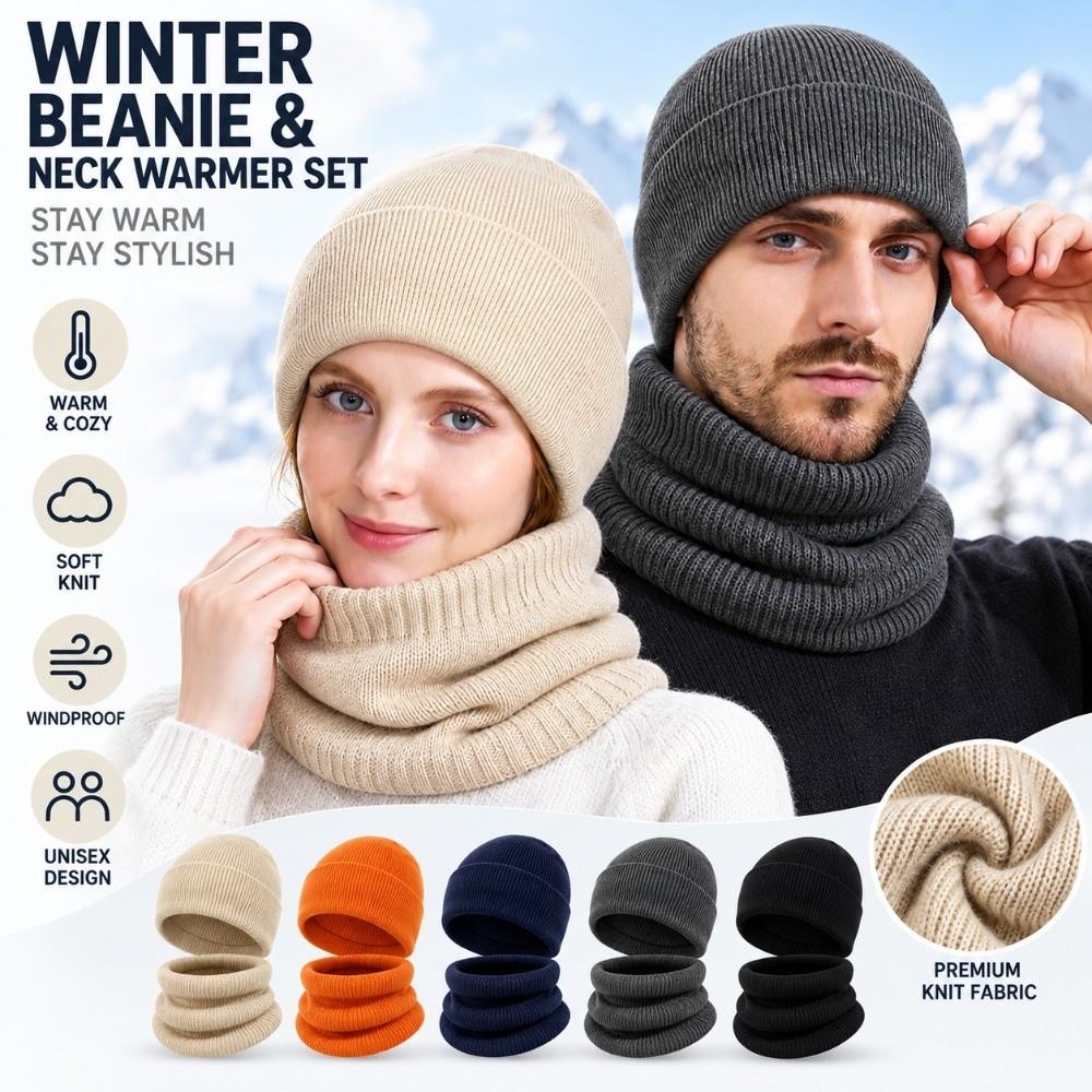 Stretch Knitted Winter Hat Solid Color Pullover Hat Neck Warmer  Outdoor Cycling Skiing