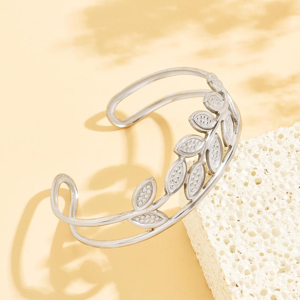 18K Gold Plated Stainless Steel Leaf Bracelet - Hollow Forest Style, European & American C-Shaped Design