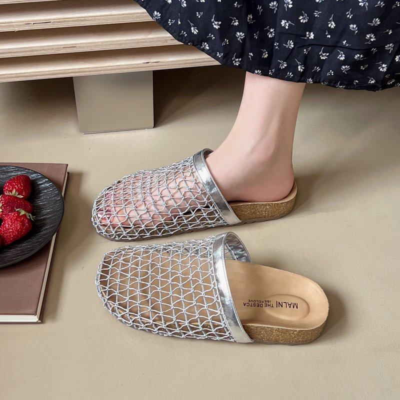 Fashion Slippers Women Summer Cover Toe Slides Female Shoes Fretwork Heels 2025 Soft Mesh Fabric Female Shoes Cover Toe Slippers Soft Sl