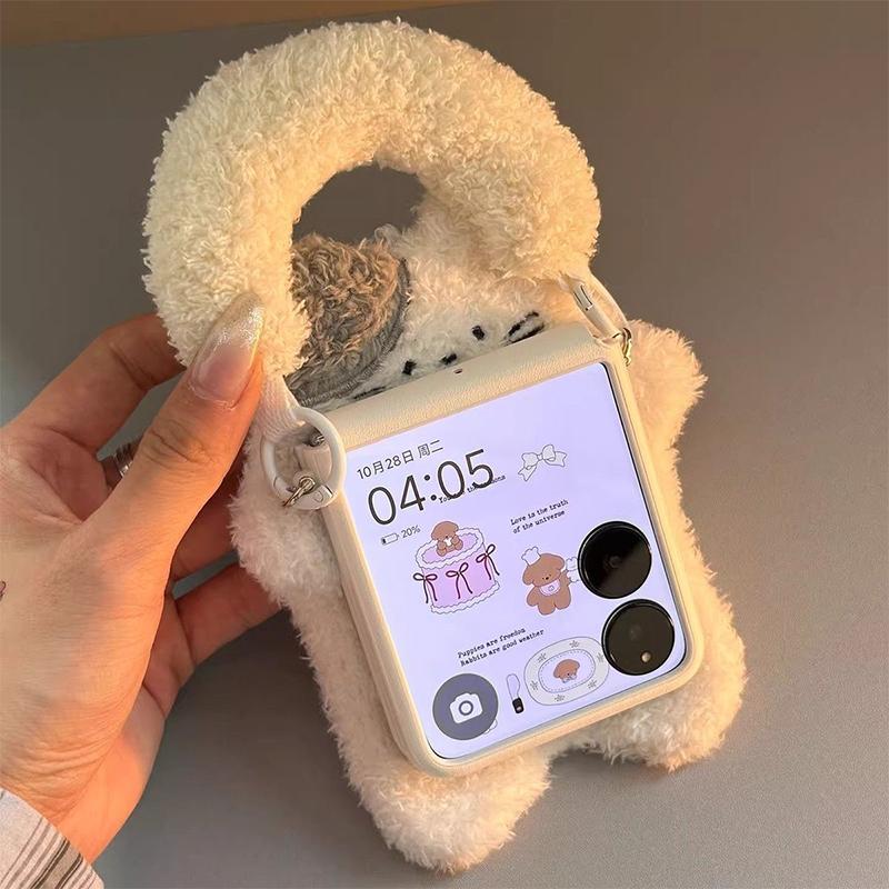 

cute white Furry Cat phone Case for Xiaomi Mix Flip 2 mixflip Case Kawai flip leather Cover with beige plush hand strap xiaomi mix flip