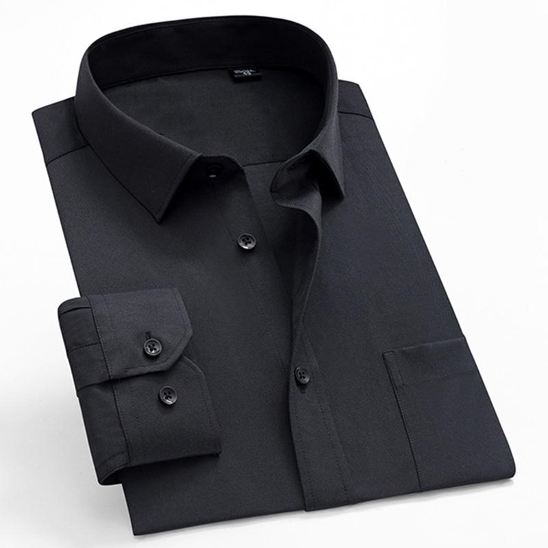 New Men Formal Shirt Long Sleeve Office Solid Color Striped Anti-Wrinkle Fashion Business Pocket White Social Pocket Shirt S-7XL