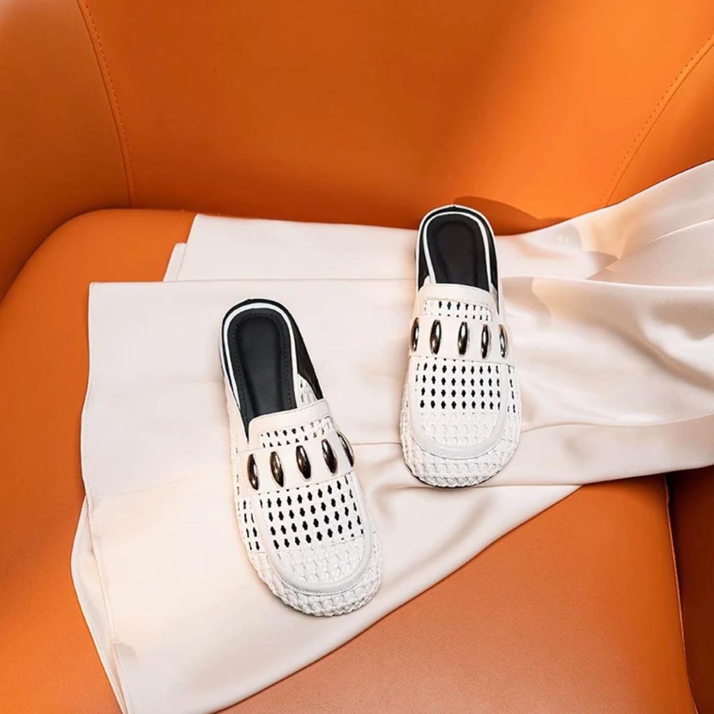 Fashion Shoes Slippers Women Summer Fretwork Heels Slides Cover Toe Square heel Female Mule Pantofle Block Mules 2025 Round Cover Toe Sh