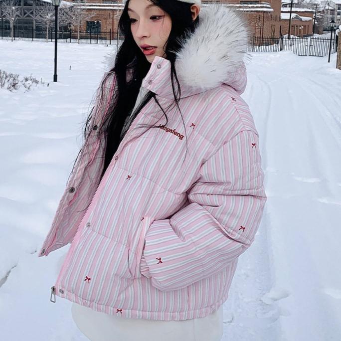 Y2K Womens Winter Clothes Warm Trench Coat Bow Fashion Simple Stripe Plush Sportswear Retro Sweet Loose Short Jacket