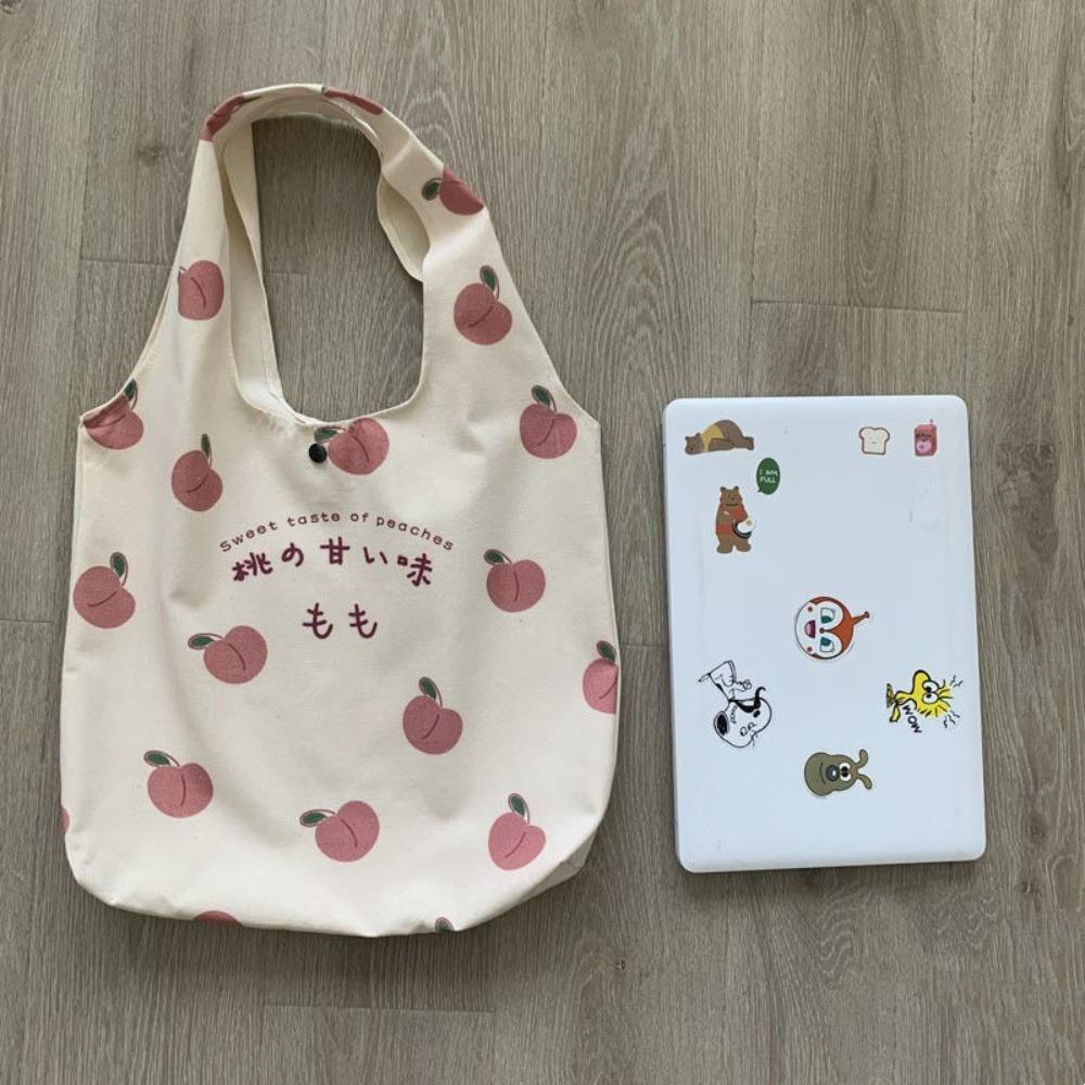 Cute Strawberry Tote Bag School Girls Casual Canvas Bag Shopper Designer Handbag Women Peach Print Eco Shoulder Bags