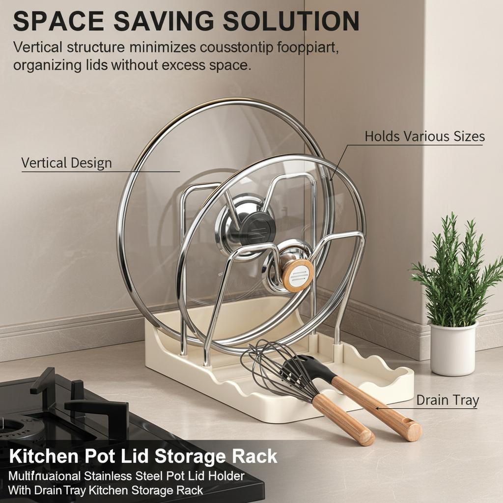 Kitchen Pot Lid Storage Rack Multifunctional Stainless Steel Pot Lid Holder With Drain Tray Kitchen Storage Rack