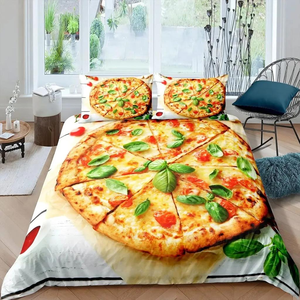 Pizza Bettbezug-Set Käsepizza Bettwäsche-Sets Pepperoni Nudeln Bettdeckenbezug-Set Full Queen Größe Lebensmittel-Thema Gesteppte Decke