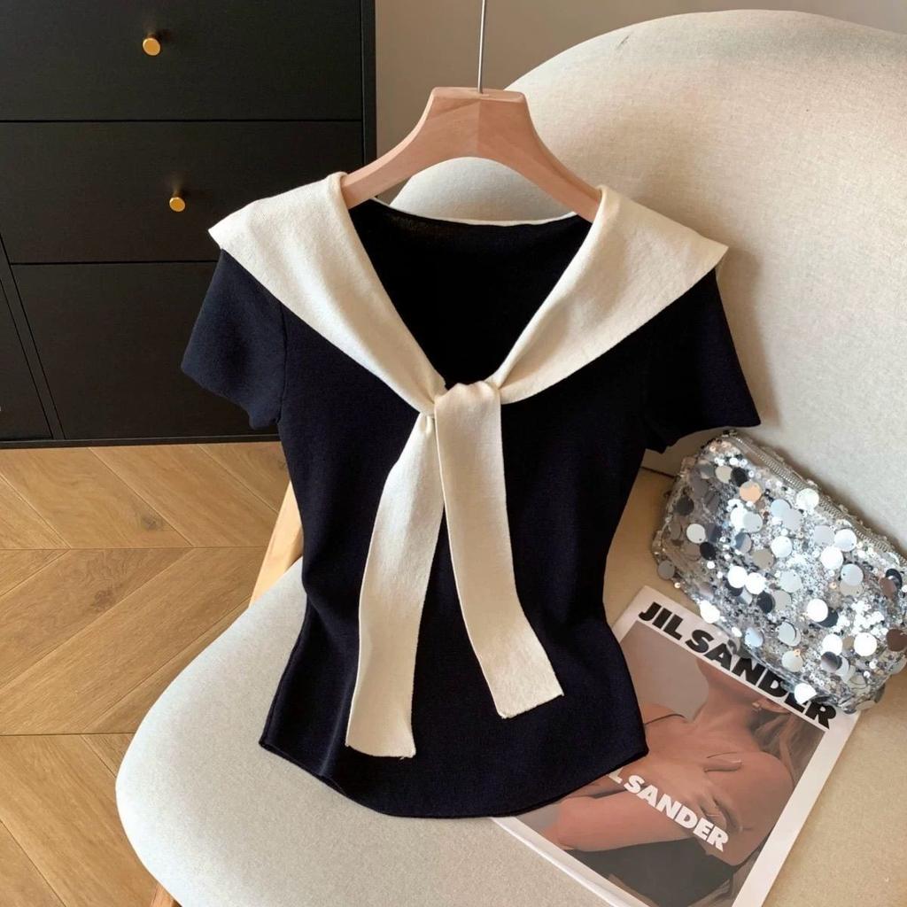 Summer new contrasting color navy collar fake two-piece splicing shawl short-sleeved T-shirt women's waist and thin top