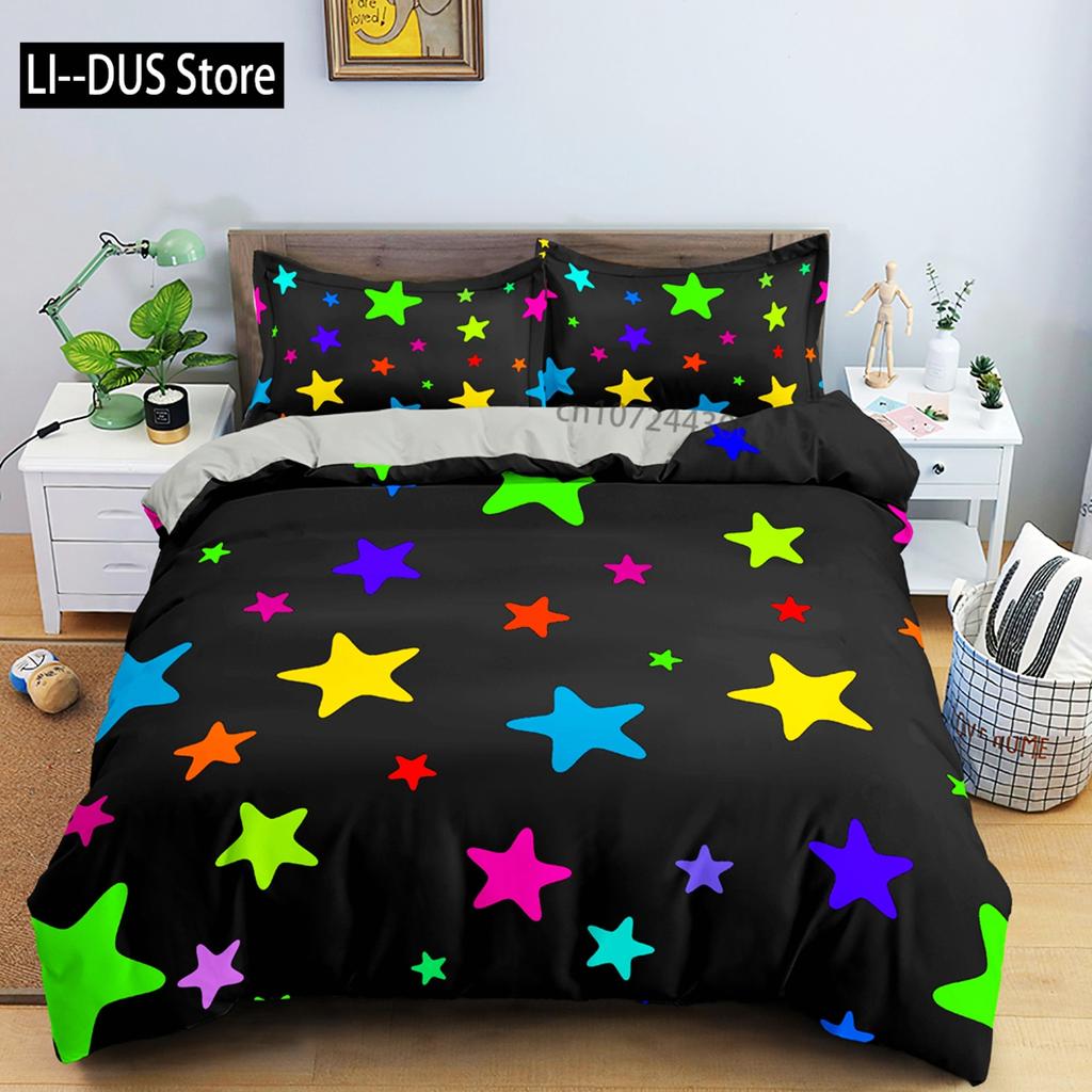 Juego de Funda Nórdica de Estrellas Coloridas Microfibra Estrellas Amarillas Rosas Juego de Cama Suave Tamaño Individual King Queen Twin 2/3 piezas Funda de Edredón