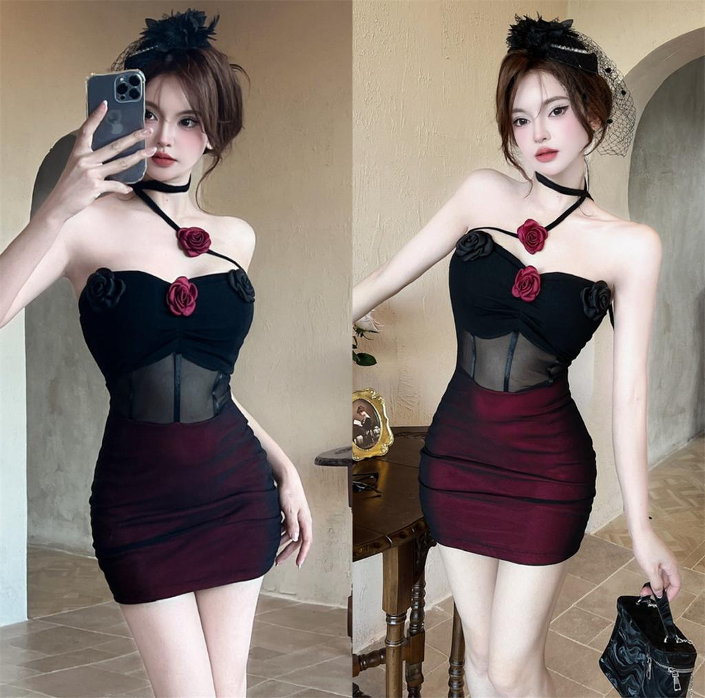 Mesh flower fishbone suspender dress female royal sister style sexy hip skirt hanging neck tube top skirt