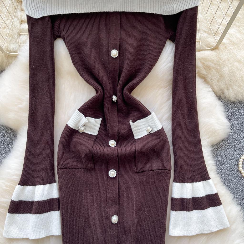 Kobiety Sukienka Bodycon z Odkrytymi Ramionami Jesień Długi Rękaw Metalowy Guzik Odzież Robocza Damska Dzianinowa Sukienka Mini w Bloki Kolorów Sexy