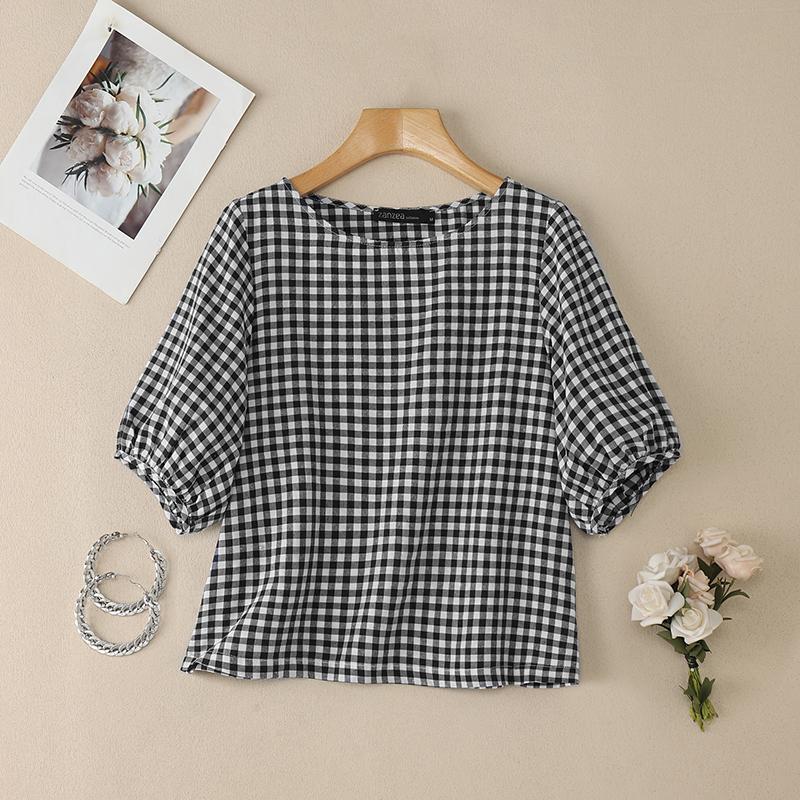 ZANZEA Women Casual Round Neck Plaid Print Loose Short Sleeve Blouse