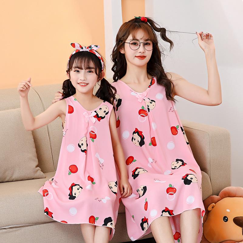 Mother-Daughter Cotton Silk Sleeveless Nightgown for Girls: Wide Shoulder Home Dress