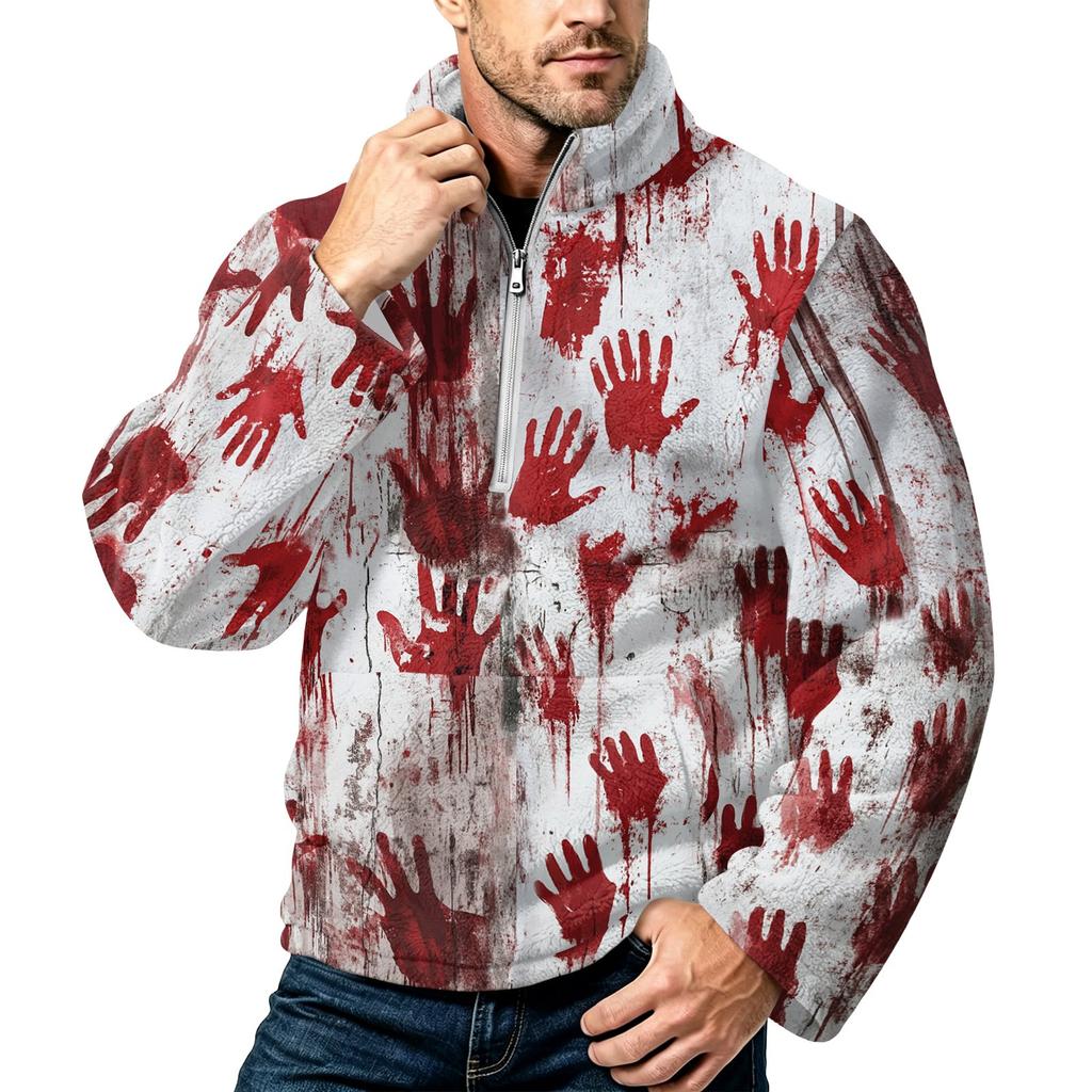 Men's Halloween Print Flannel Zip-Up Sweatshirt, Plus Size Stand Collar Casual Fall Winter Top