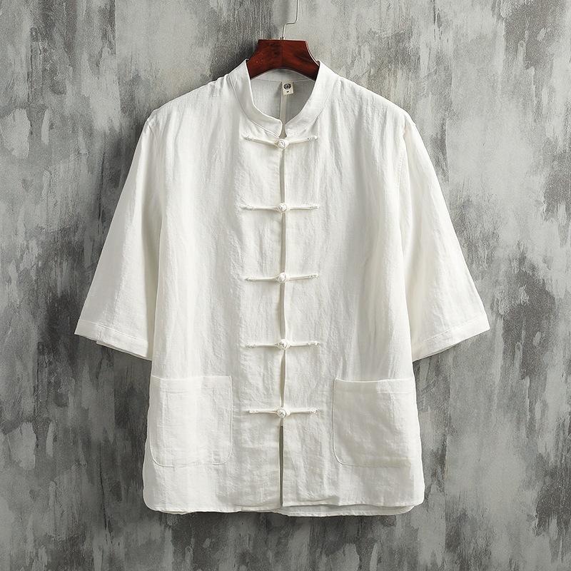 Мужская традиционная китайская рубашка в стиле Тан из хлопка и льна M белый
