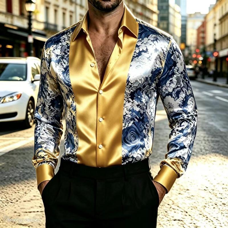 Satin Silk Long Sleeved Printed Men's Shirt Slim Fit Party Nightclub Casual Formal Shirt, 2026 New Model, Plus Size Top