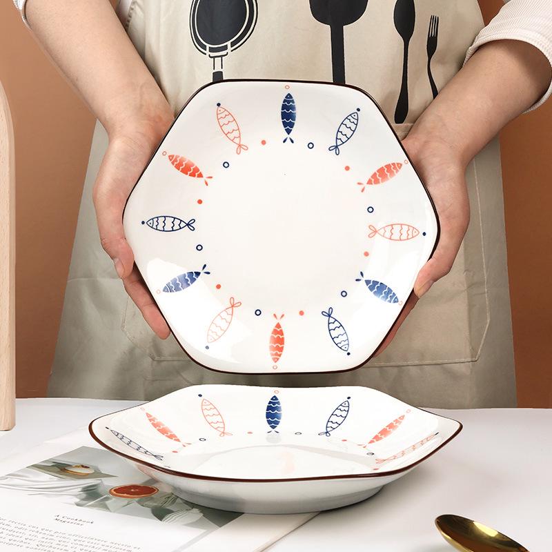 Mengyuan 4-Piece 8.5-Inch Hexagonal Porcelain Plate Set – Creative Underglaze Color Dishware.