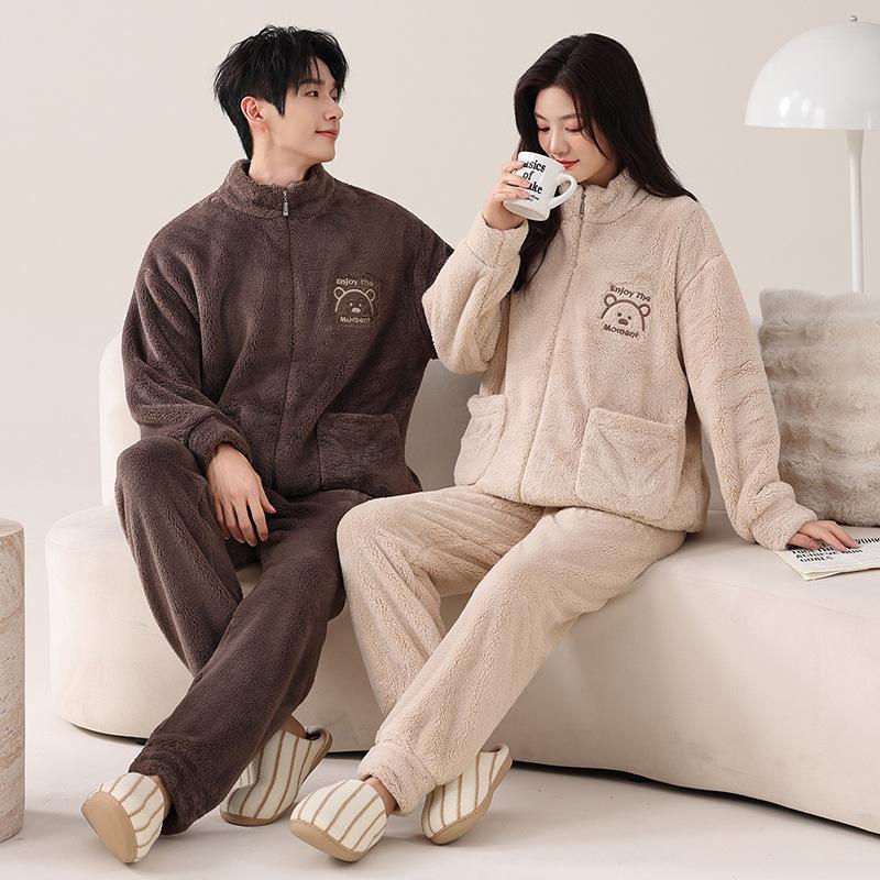 Coral Fleece Couple Pajamas Autumn And Winter Thickened Fleece Warm Flannel Men'S And Women'S Cute Loungewear