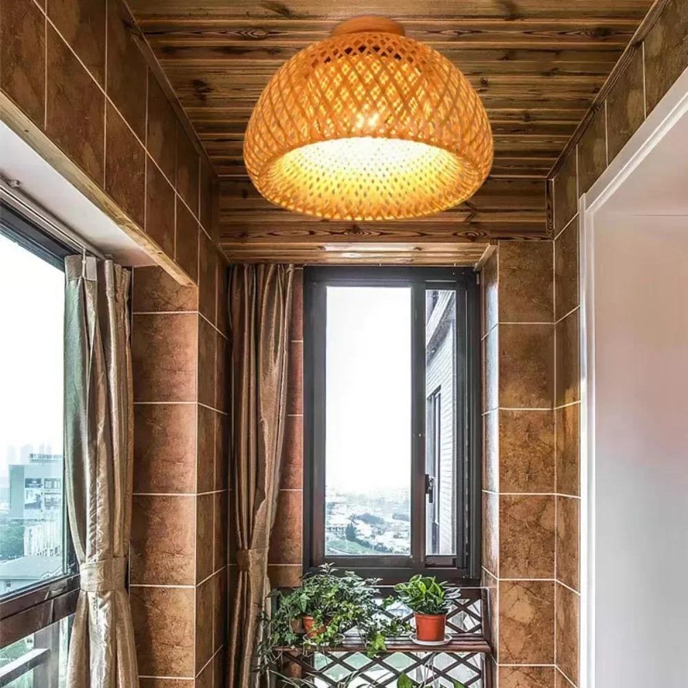 JOYINLED Handwoven Bamboo Ceiling Lamp, Natural Rattan Flush Mount Light Asian Rustic for Tea House Cafe Living Room Bedroom Lig