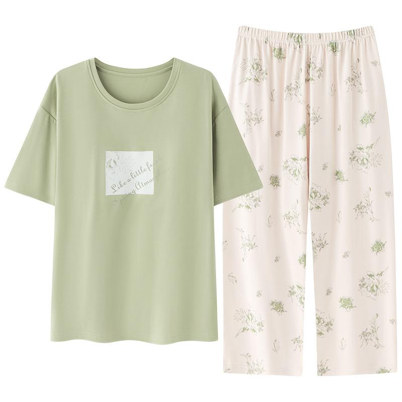 Cotton and silk pajamas women's summer thin round neck short-sleeved cropped pants Korean version Modal soft loose loungewear suit
