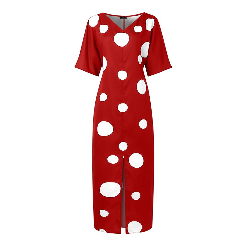 Oversized Women Half Sleeve Polka Dots Print Slim Waist Casual Loose Maxi Long Dress