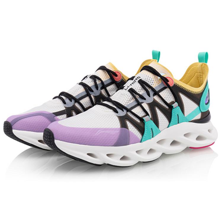 Li Ning Cushioning Slip Resistant Low Top Running Shoes Men's White Purple Green ARHQ057-4