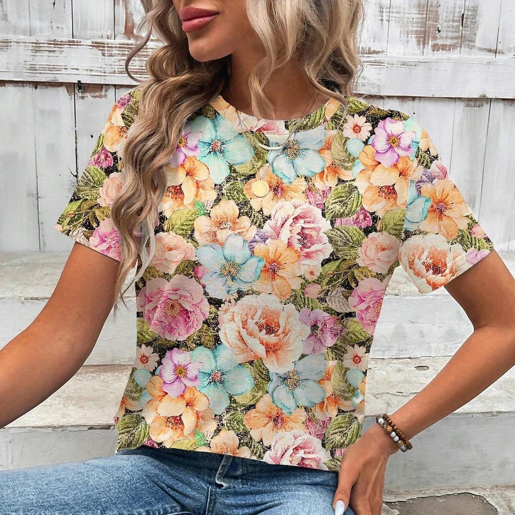 3D Colorful Floral Pattern Women's T-shirts Summer Casual Round Neck Top Short Sleeve Loose Casual Daily T-shirts