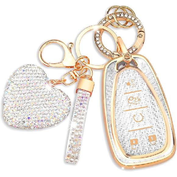 QBUC For Chevy Key Fob Cover With Diamond Keychain, 5 Button Key Case For Women For Chevrolet Equinox Malibu Camaro Blazer Cruze Traverse Trax Volt