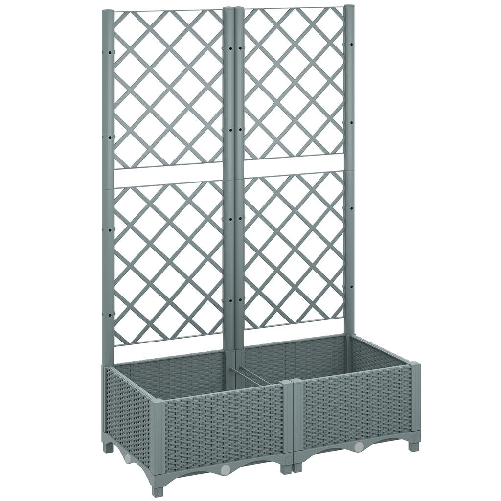 Raised Garden Bed with Trellis, Plastic Planter Box with Drainage Holes, Drain Plugs and Water Reservoirs for Climbing Plants, Vegetables, Flowers