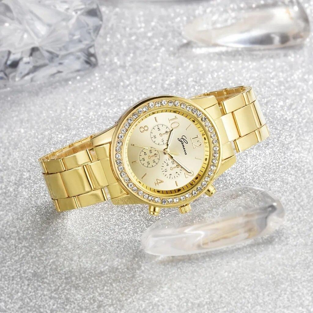 5 PCS Set Gold Watch Women Luxury Ring Necklace Earrings Rhinestone Fashion Wristwatch Female Casual Watches Bracelet Set