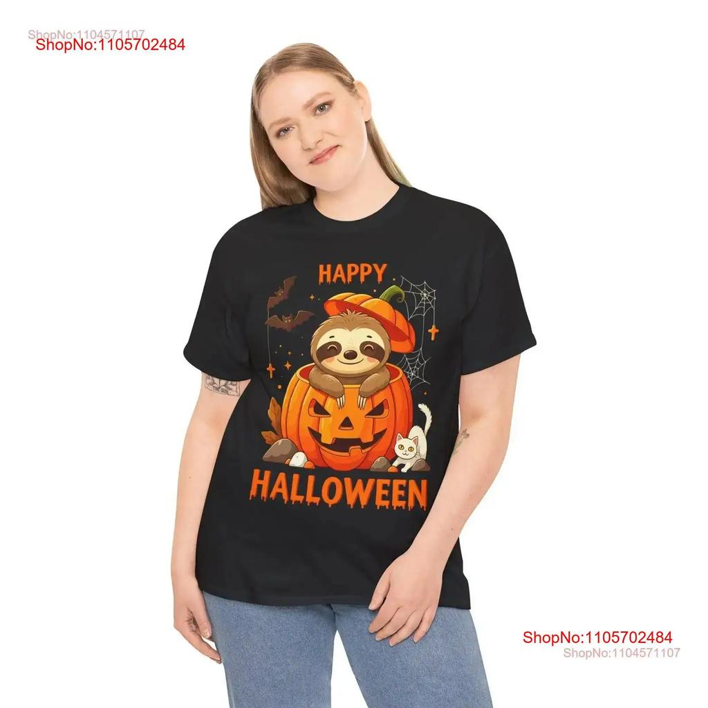 Cute Sloth Halloween T Shirt Funny in Pumpkin Design with Bats and Cat for Kids Adults vintage Washed homme Breathable