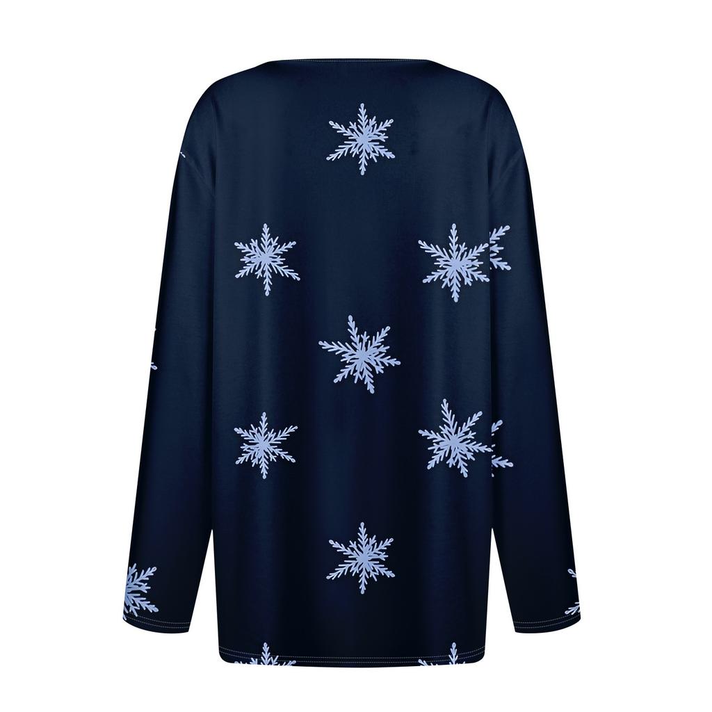 Damska koszulka z prostymi ramionami, nadrukiem świątecznym, długim rękawem, prostymi ramionami, dekoltem w serek i zapięciem na guziki