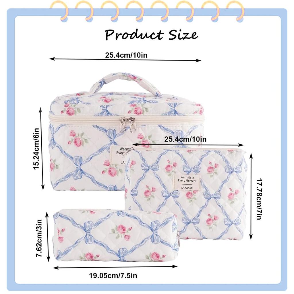 Cotton Quilted Floral Makeup Bag Set for Women and Cute Makeup Bag with Brush Large Toiletry Pouch Gift for Toiletry Accessories and Travel Essentials