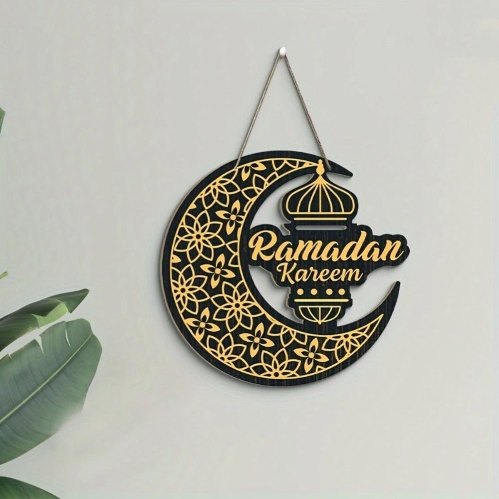 Black Gold Eid Mubarak Wall Pendant Round Plaque Wooden Moon Star Pendant  Home Decoration