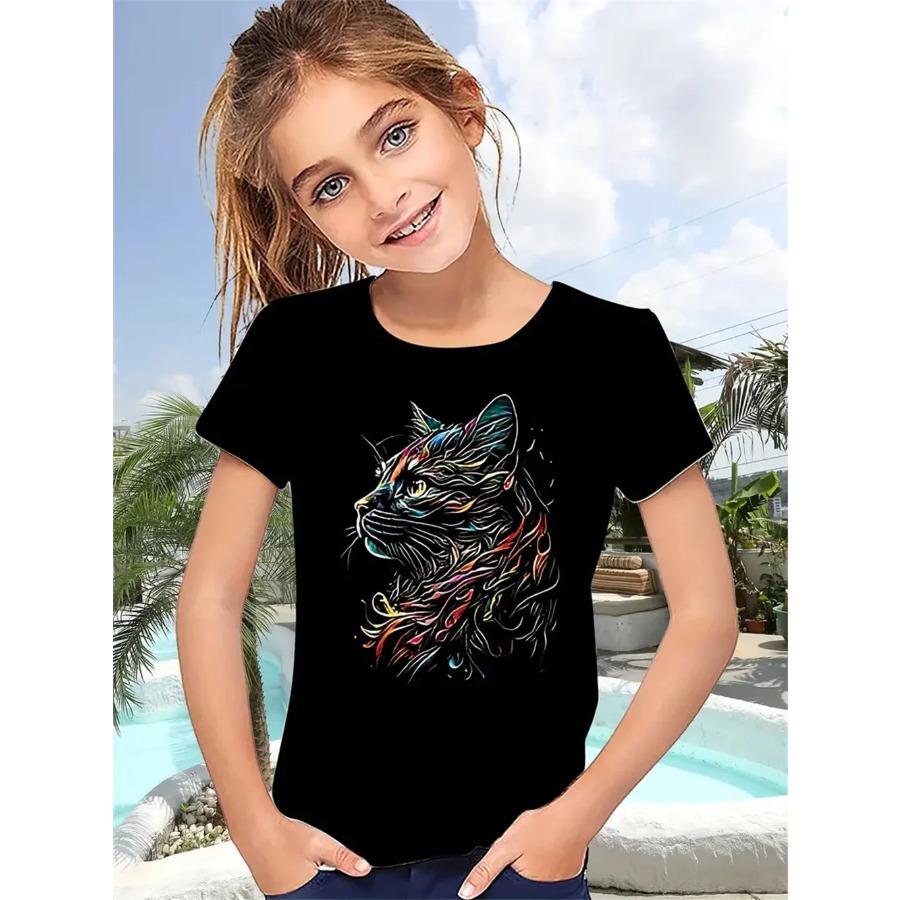 Nová Dívčí trička Funny Animal Cat 3D tisk Dívčí trička Párty móda Topy s krátkým rukávem Tričko 2025 Trička pro volný čas Dívčí oblečení