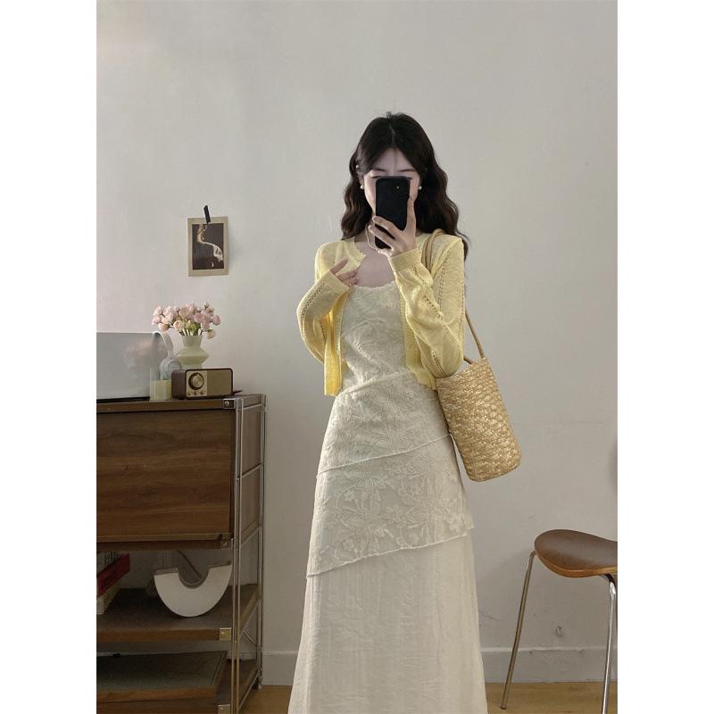 Elegant Lace V-Neck Camisole Dress & Knit Cardigan Set - Plus Size Women s French Style Long Skirt Outfit L Plus