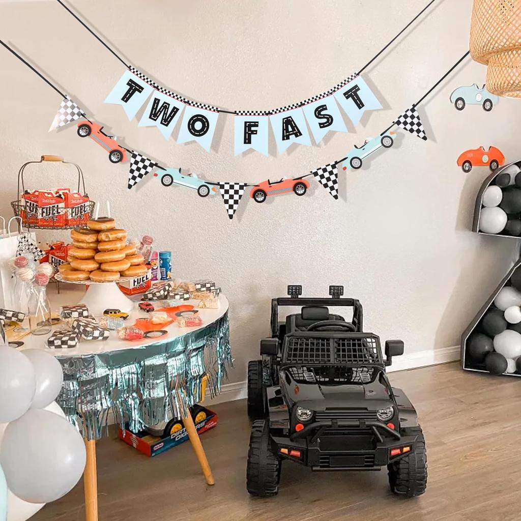 Two Fast Banner - Two Fast Birthday Decorations,Racing Second Birthday Decorations,Race Car Party Flag Banner
