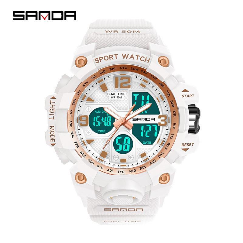 SANDA Women's Trendy LED Dual Display Waterproof Watch with Hourly Chime