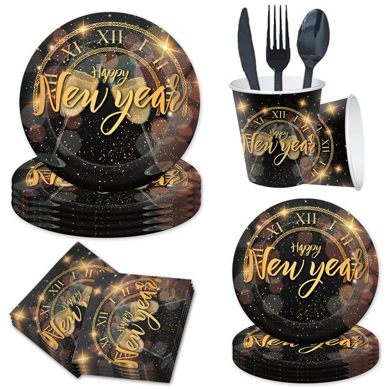 New Year Black Gold New Year Party Paper Plate Disposable Paper Cup Tissue Tablecloth Party Tableware Spring Festival Plate