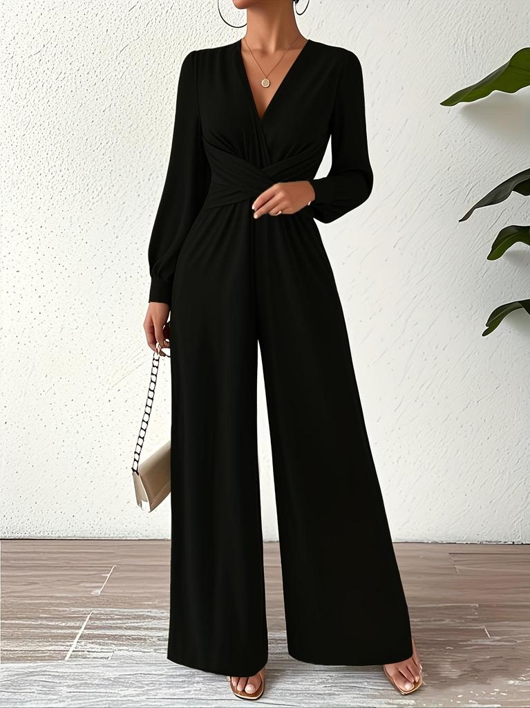 Tuta elegante da donna con scollo a V, maniche lunghe e vita incrociata