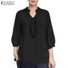 ZANZEA Women Casual Ruffles V-Neck Loose 3/4 Sleeve Blouse