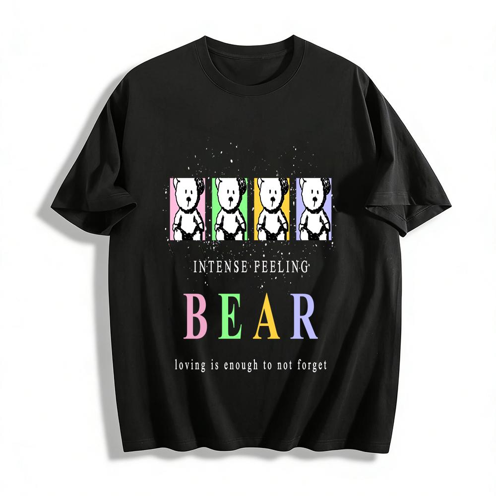 

Color Block Bear Print Casual T-Shirt Unisex Loose Fit Comfy Crewneck Daily Top Pure cotton T-shirt XXS
