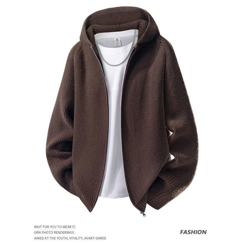 Men S Hooded Knit Cardigan Loose Casual Solid Color Outerwear