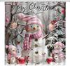 Christmas Snowman Shower Curtain Cute Snowman Snowflake Ball Tree Forest Winter Holiday Nature Pink White Bathroom Home Curtain