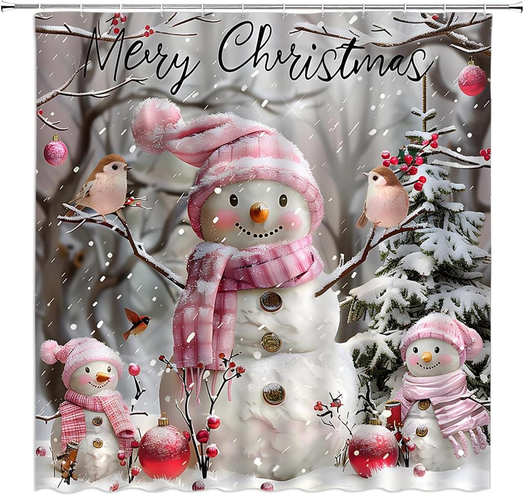 Christmas Snowman Shower Curtain Cute Snowman Snowflake Ball Tree Forest Winter Holiday Nature Pink White Bathroom Home Curtain