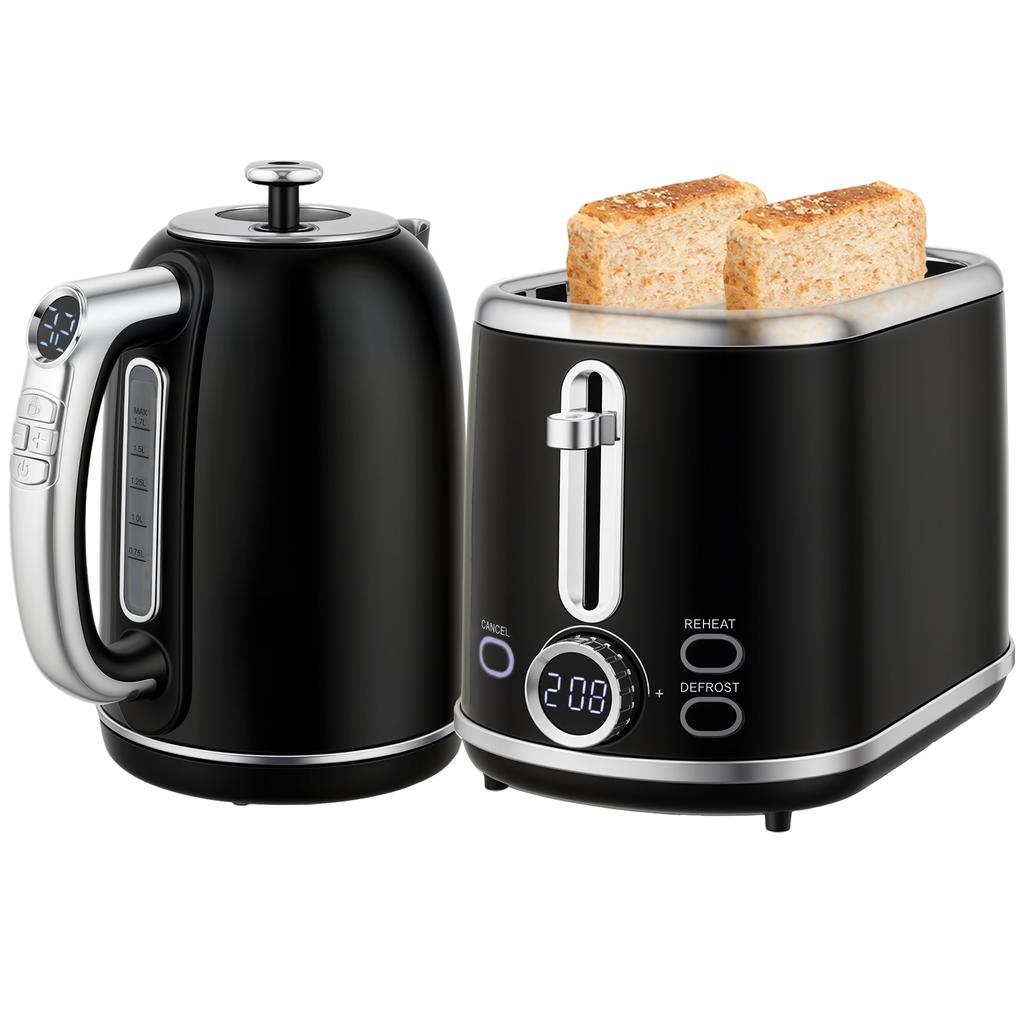 Polished Retro 40-100 degrees C Kettle and Toaster Set - Black