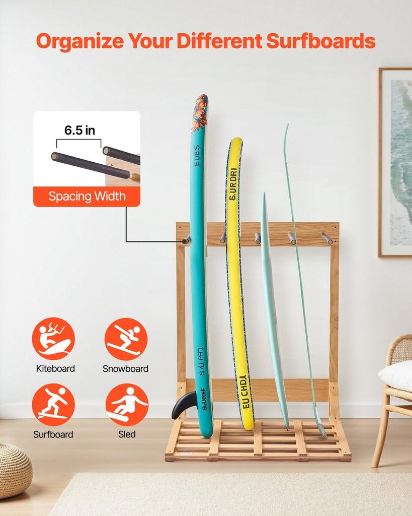 Supporto Verticale per Tavola da Surf, Rastrelliera in Legno a 4 Livelli per Tavole da Surf per Stoccaggio ed Esposizione, Organizzatore Autoportante per Tavole, Supporto per Tavola da Surf per Wakeboard,
