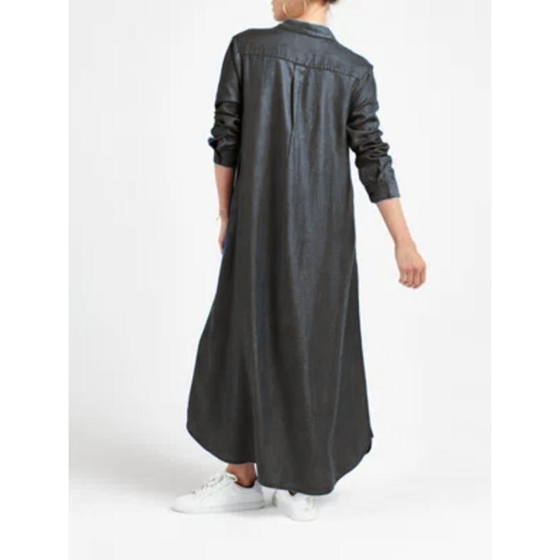 Plus Size Solid Color Denim Maxi Dress: V-Neck Long Sleeve A-Line Cut Dress for Women, Casual Comfortable Everyday Casual Chic Outfit