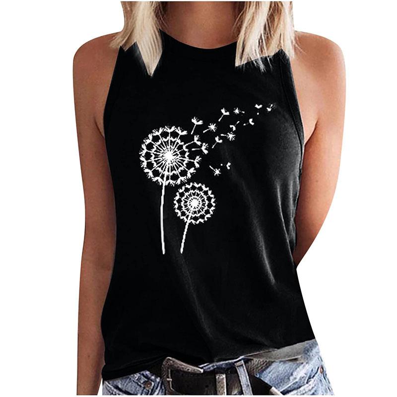 

Women s Dragonfly and Dandelion Printed Sleeveless T-shirt, Y2K Street Clothing, Off Shoulder Tank Top, Sexy Sleeveless Girl s T-shirt S